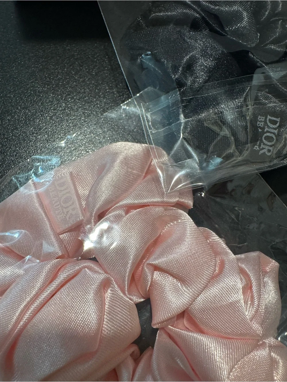 Dior Beauty Pouch with Light Pink&Black Satin Scrunchie & Starclips & Mirror